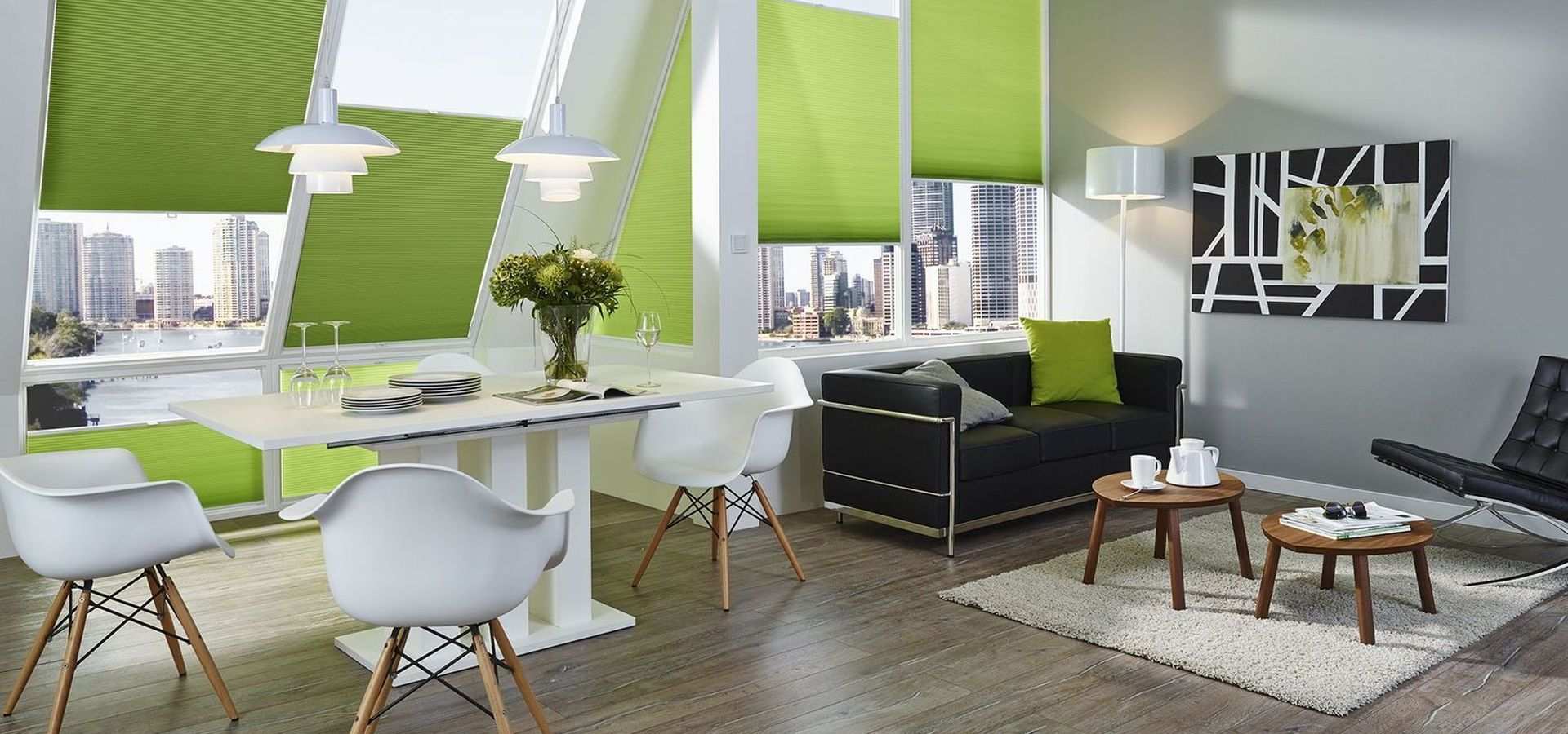Bild Sonnenschutz grüne Plissees Wohnzimmer